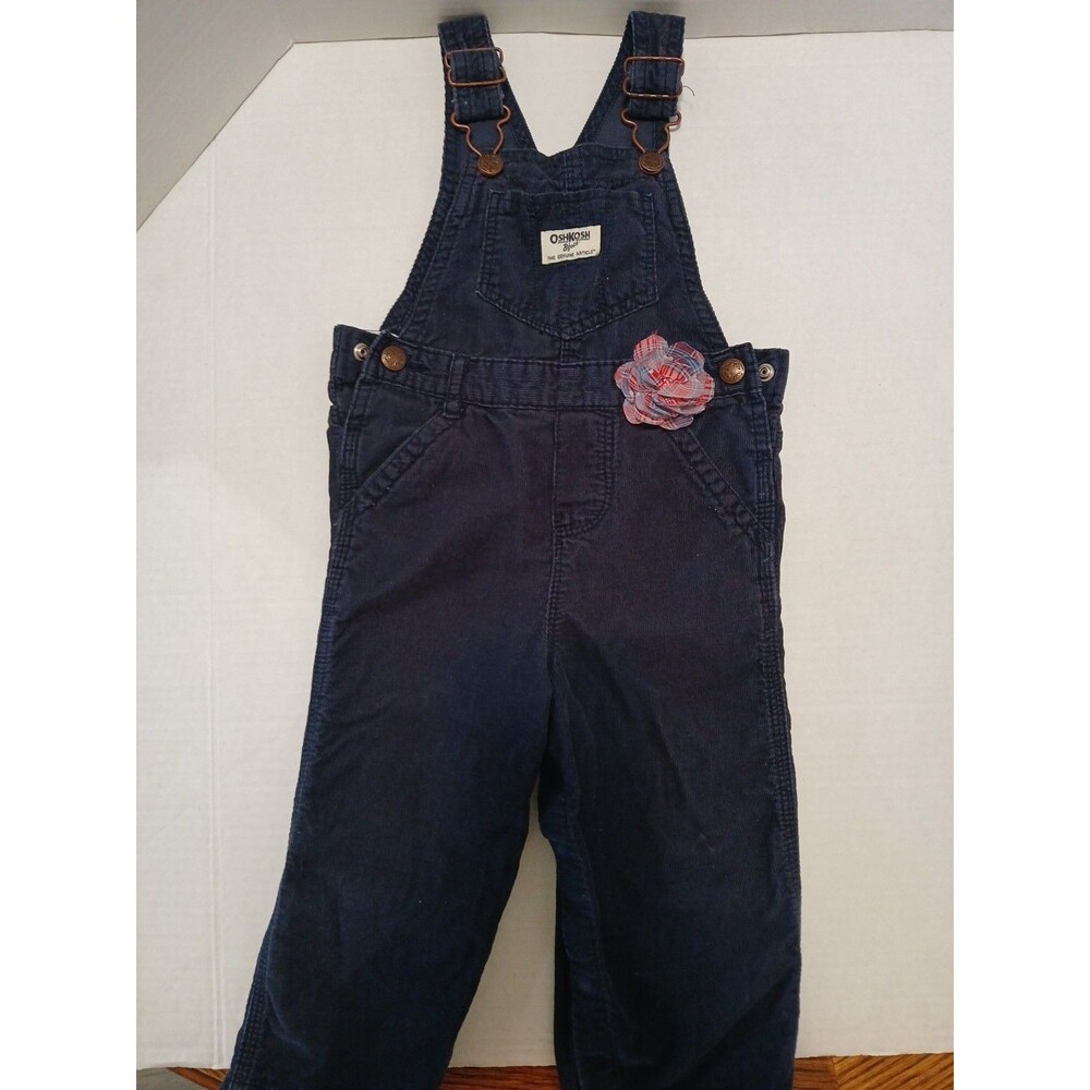VTG OSHKOSH CORDUROY OVERALLS  BABY-Toddler 24M Navy Blue-Plaid 3-D Flowers Girl